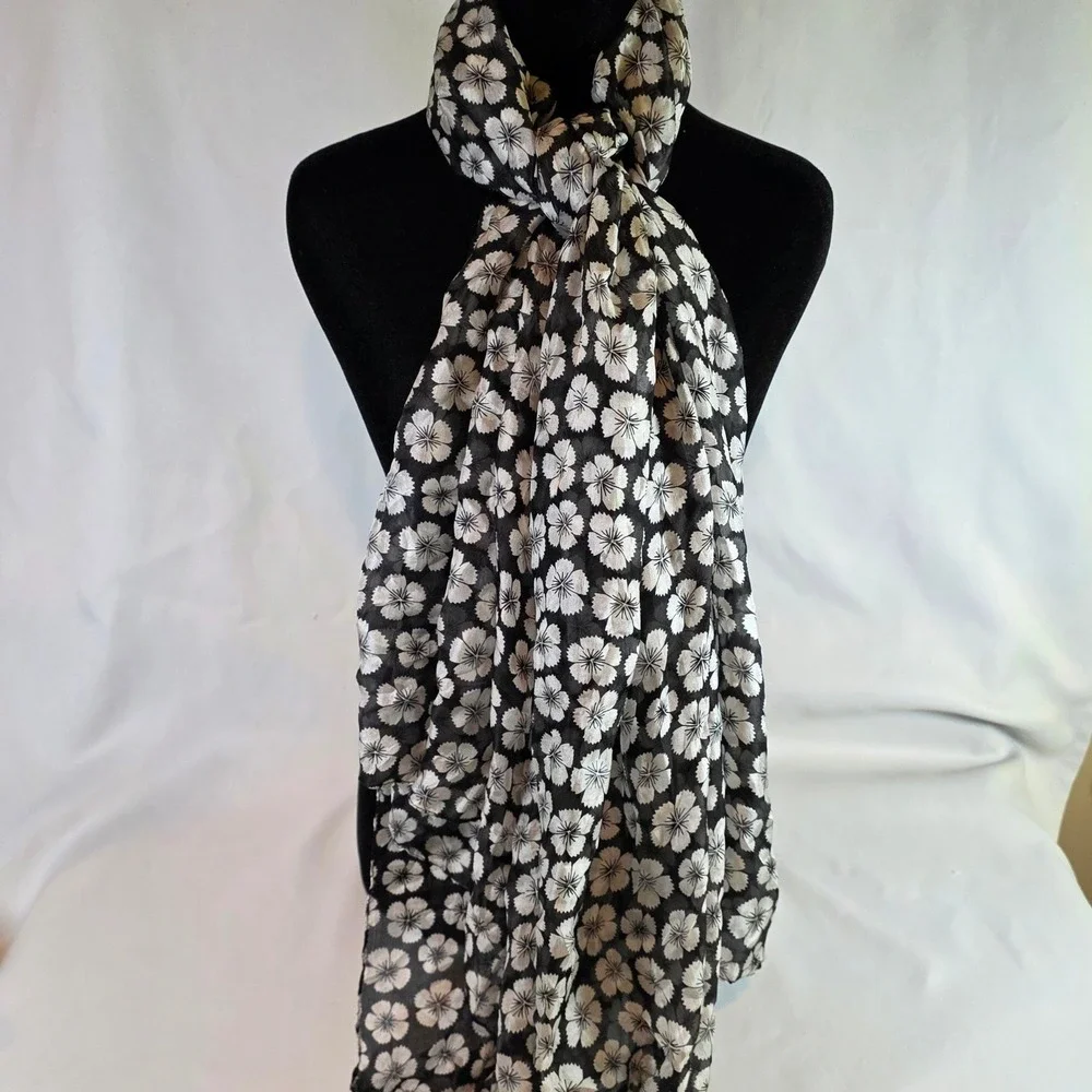 Sharco Floral Print Black White Silk Scarf Womens OS Lightweight Sheer India